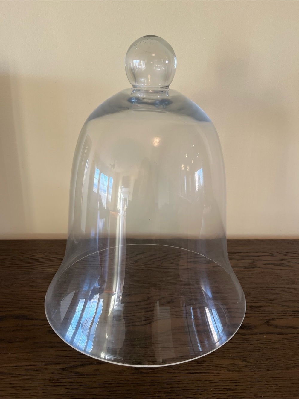 vtg clear glass cloche dome. smooth bell shaped with rounded top finial-see desc